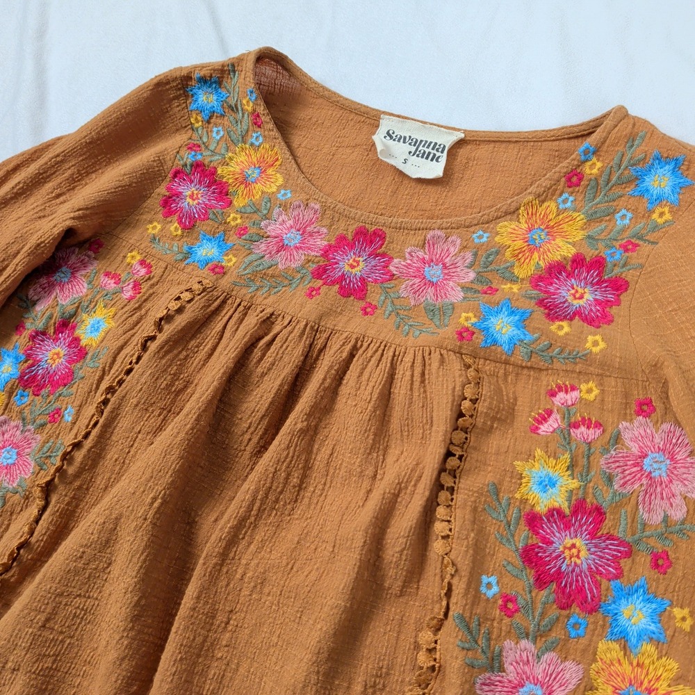Savanna Jane Brown Floral Embroidered Boho Gauze Blouse Small Johnny Was Style